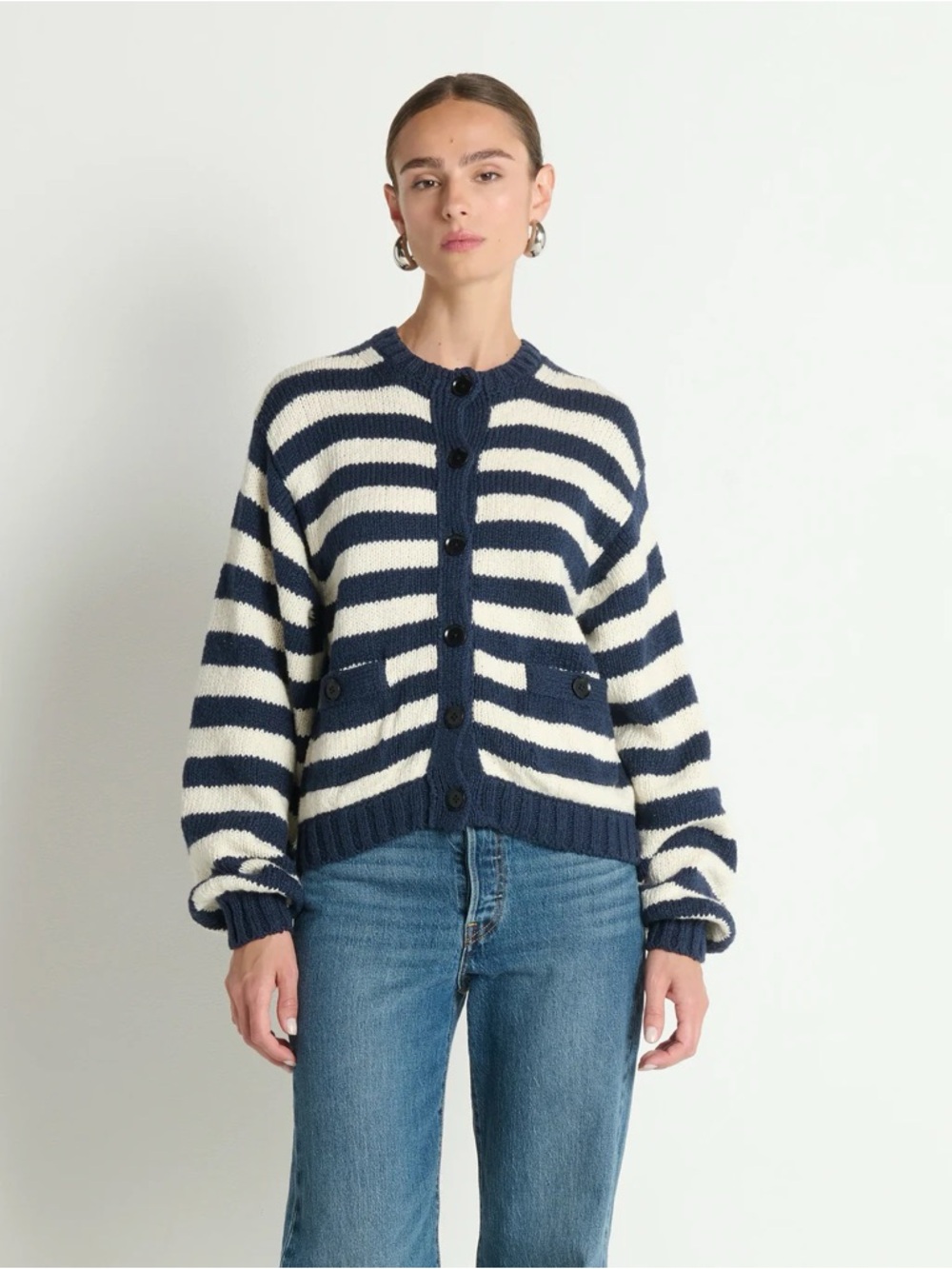 Nation Los Angeles Tessa Striped Navy Blue White Crew Neck Cardigan Size M NEW